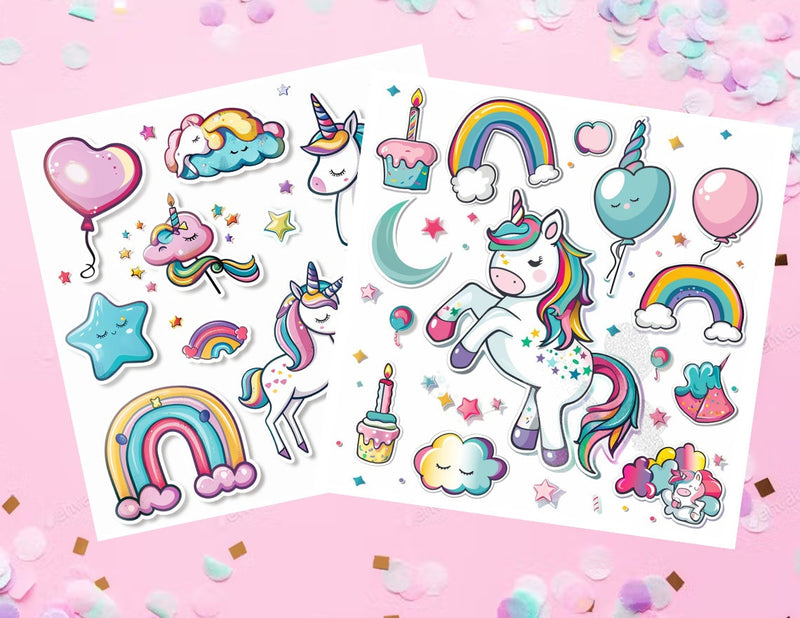 Unicorn Birthday Sticker Sheets, 2 Birthday Unicorn Sticker Sheets, Birthday Party Stickers, Kids Stickers, Unicorn Stickers
