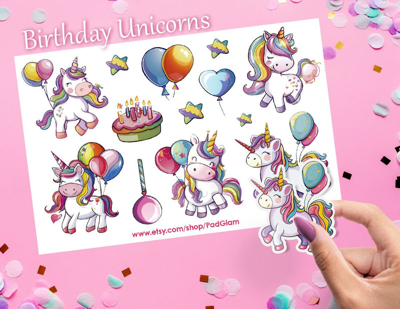 Birthday Unicorn Sticker Sheet, Unicorn Stickers , Cute Unicorns, Planner Stickers, Scrapbooking, Unicorn Stickers, Kids Stickers