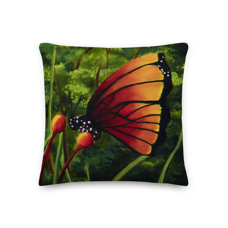 Front of premium pillow - painting of beautiful butterfly with greenery background