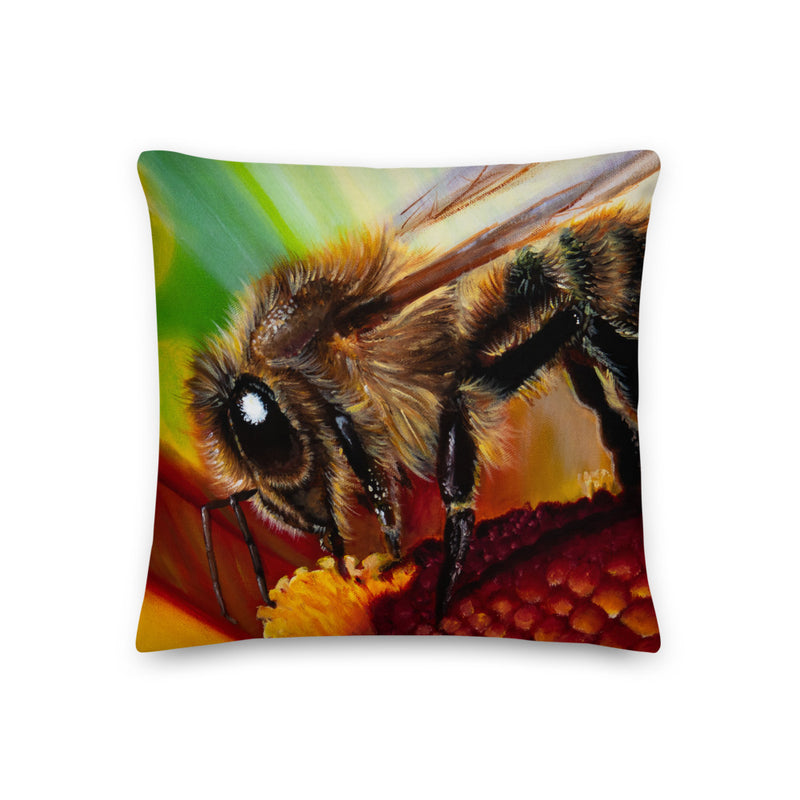 Humble bee painting - close up of bee on flower with light rays - red green yellow vibrant colors - premium pillow